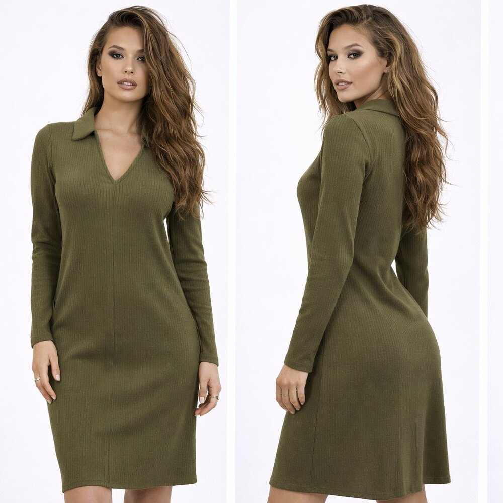 ✨ Olive Ribbed Collared Knit Dress ✨